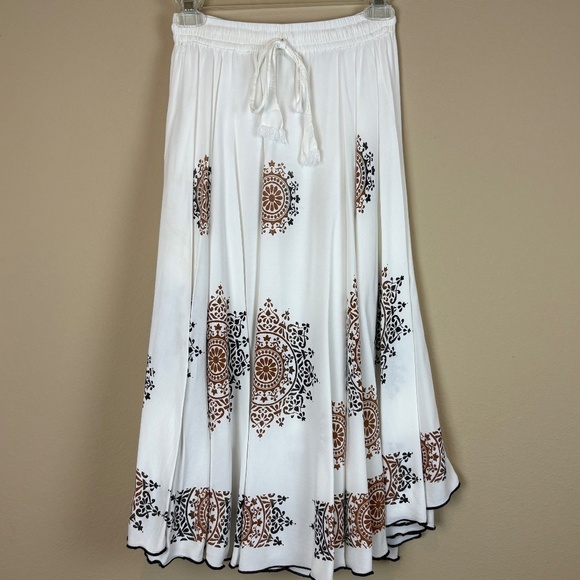 LA Fille Ivory/Black/Brown Boho Flowy Midi Skirt w/ Front Waist Tie; Size 30 (M) - Picture 1 of 7
